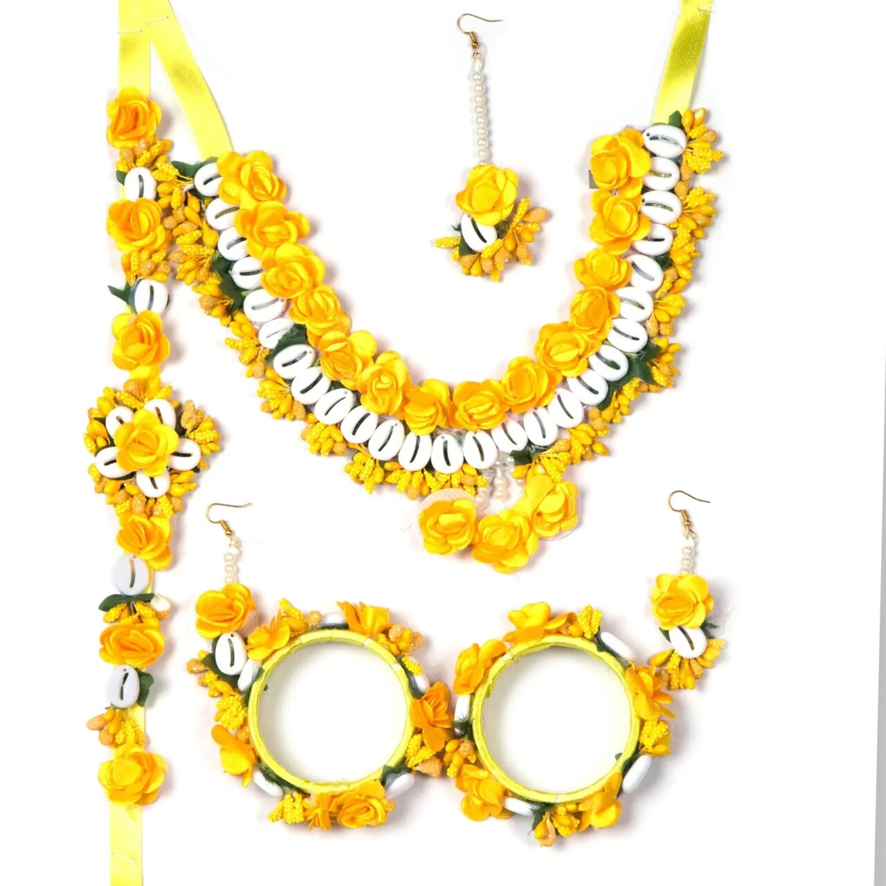 Flower Designer Shells Jewelry Set for Women Handmade Necklace with Earrings Maang Tikka Bracelet Waistbelt Indian Artificial Jewellery for Haldi Mehndi Wedding Party Bridal